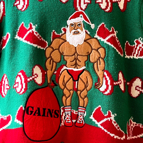 Blizzard Bay Bodybuilder Santa No Pain Xmas Gains Ugly Christmas Sweater Size XL - Picture 2 of 7